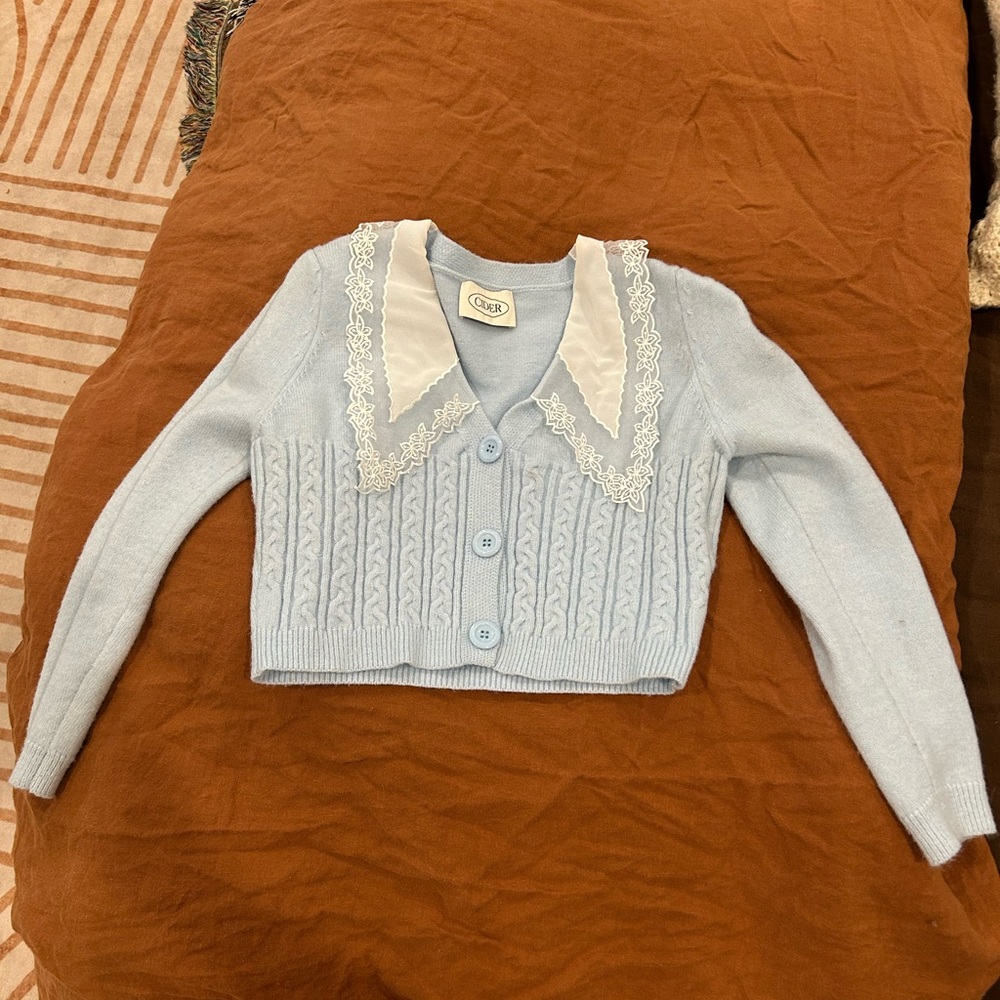 Cider Light Blue Cropped Cardigan with Lace Collar